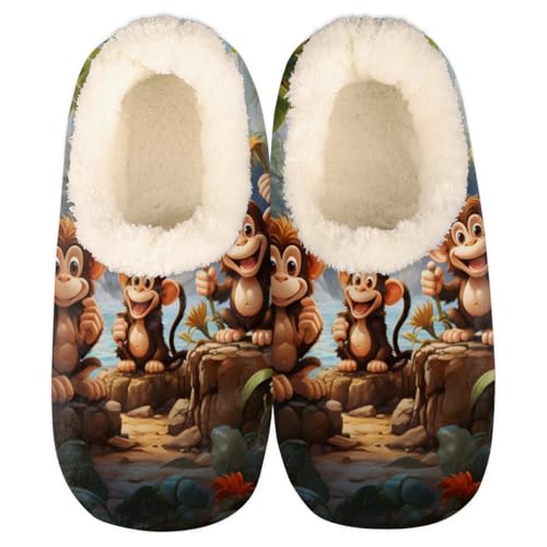 Cute Monkey,Forest Monkey.jpg House Slippers for Women Men, Fuzzy Soft Cozy Non Slip Slipper Socks