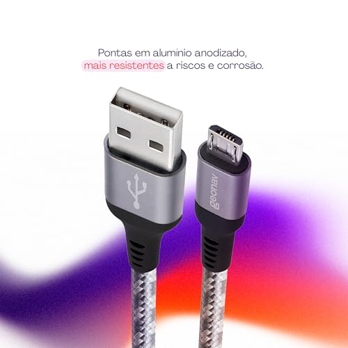 Geonav Cabo Micro USB, nylon trançado, para dispositivo Android e acessórios, 1,5 MT, MIC15T, Cinza