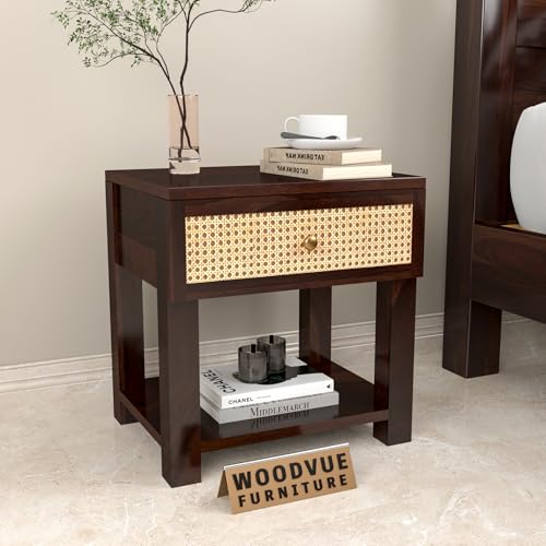 Image of Solid Sheesham Wood Bedside Table with Cane Rattan Drawer & Open Storage Shelf | Wooden Nightstand for Bedroom, Living Room & Guest Room (Walnut Finish)