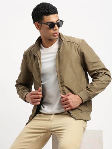 Image of SHOWOFFFF Men Solid Bomber Jacket | Mock Collar Full Sleeves Nylon Jacket for Mens | Slim Fit Regular Length Jacket for Men's