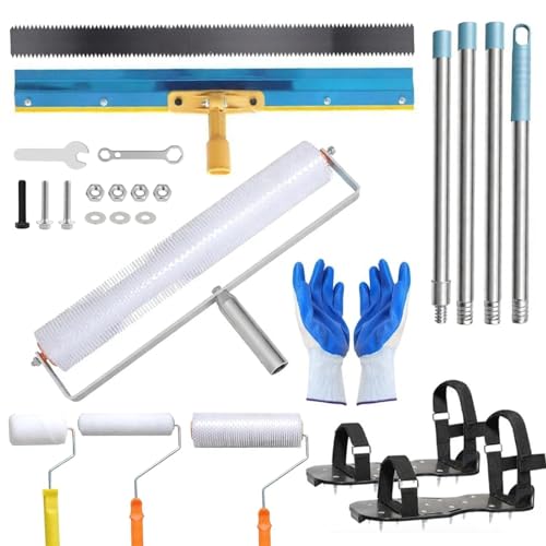 Tatqilo Self-Levelling Cement Tool Kit, Floor Construction Roller Spike Shoes, Removable Roller Extension Pole 160cm, Stainless Steel Scraper Self-Leveling Rake, Epoxy Floor Paint Tools with Gloves