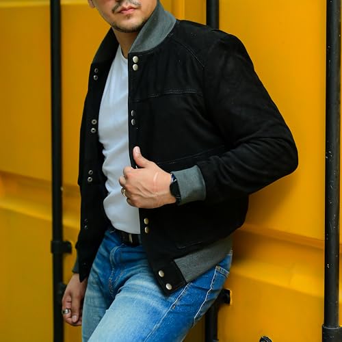 Image of Jild Varsity Style Leather Bomber Jacket Men - Casual Fashion Real Suede Classic MA-1 Leather Jacket Men