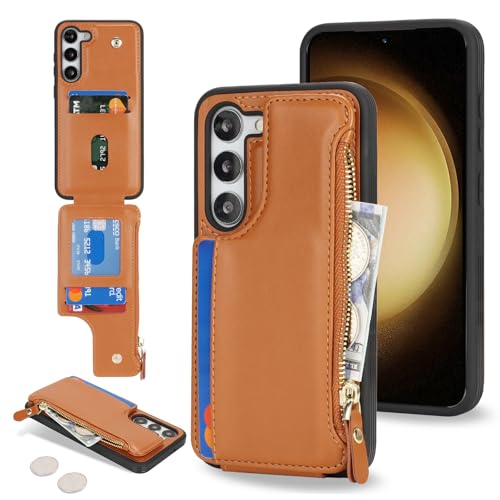Étui portefeuille Galaxy S23 Plus Cavor en cuir marron avec fermeture zippée