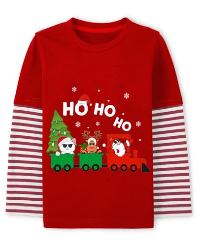 Boys Christmas Tees Girls Dinosaur Tops Stripe Long Sleeve Shirt Kids Truck T-Shirt for Toddler Xmas Gifts 3-9 Years