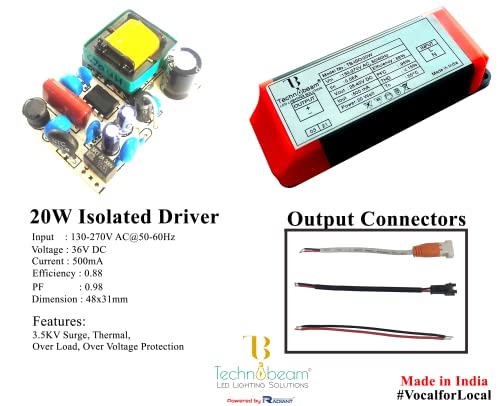 Image of TECHNOBEAM 20W driver,BIS certified Isolated driver 36V-500 mA with Red & Black wire at Output for COB light, Track light,Zoom light, (Pack of 10)