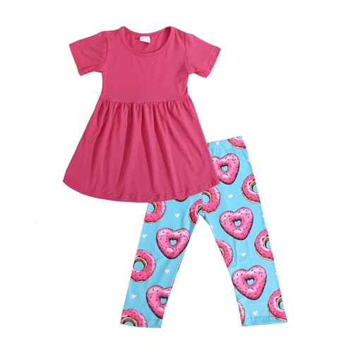 Image of Valentines Toddler Girls Pants Set Love and Heart Pink Outfits Set Ruffle T-Shirt Dress and Pants Outfit Set 3-8Y
