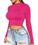 Artfish Women Long Sleeve Turtleneck Crop Top Mock Neck Tight Fitted Shirts Hot Pink Neon,L