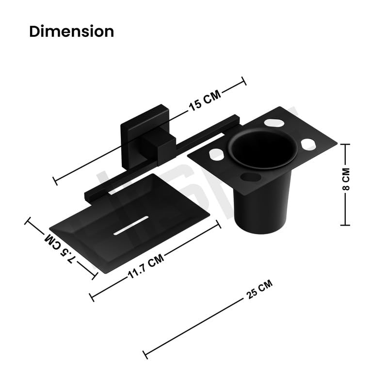 Chrome Square Bathroom Accessory Set | Wall Mounted Soap Dish & Toothbrush Holder with Tumbler | Durable Rustproof Bathroom Organizer (BLACK, 608), photo 3 of 5