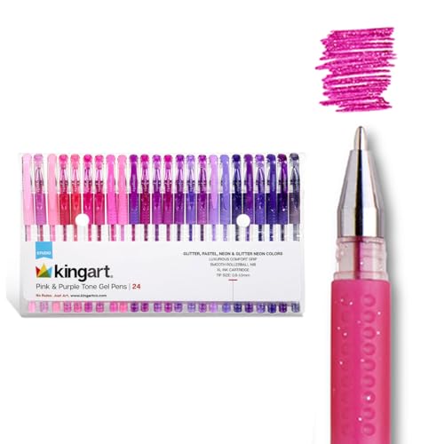 KINGART Pink & Purple Tone Gel Pens, Set of 24, Glitter, Pastel, Neon & Glitter Neon Colors, Luxurious Comfort Grip