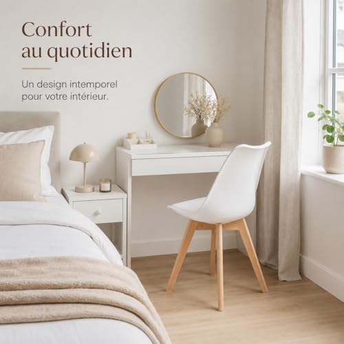 EGGREE 4 Chaises Salle à Manger Scandinaves SGS Tested Lot de 4 Chaises de Cuisine Rétro Rembourrée Chaise de Salle de Bureau, Pieds en Bois de Hêtre Massif, Blanc – vue 6