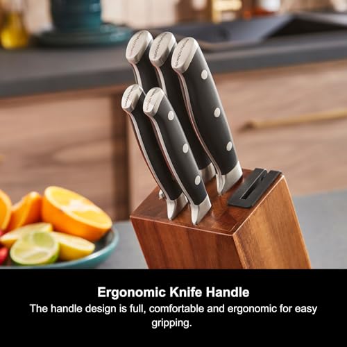 Morphy Richards 5-Piece Knife Block with Sharpener, Kitchen Set, Butt-Welded Design, Long Lasting Sharpness, Precision Cutting, Ergonomic, Acacian Wood, Paring, Ultilty Slicing, Bread, Chef, 868000 - Image 6