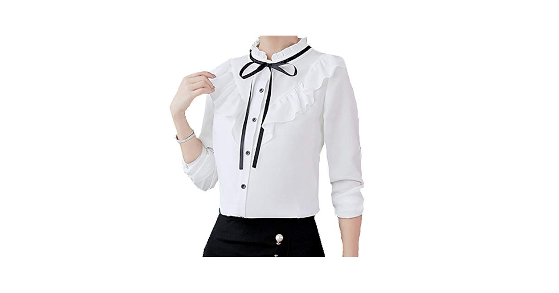 Taiduosheng Women's Ruffle Neck Tops with Bow tie Button