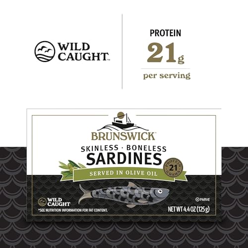 Brunswick Wild Caught Skinless and Boneless Sardines served in Olive Oil with Mild Red Peppers, 4.4 oz. Can (Pack of 12)