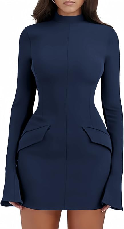 Haibang Damen Kleid Elegant Flare Langarm Bodycon Minikleid Sexy Partykleid Figurbetontes Kleid Rollkragen Businesskleider Freizeitkleid Basic Kurz...