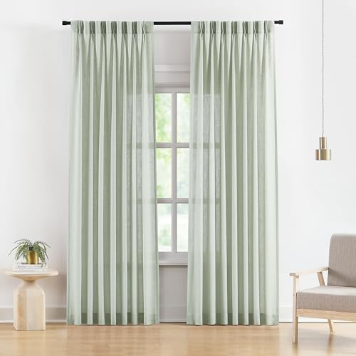Image of Vision Home Soft Green Pinch Pleated Semi Sheer Curtains Textured Linen Blended Light Filtering Window Curtains 95 inch for Living Room Bedroom Pinch Pleat Drapes with Hooks 2 Panels 40 inch Wx95 L