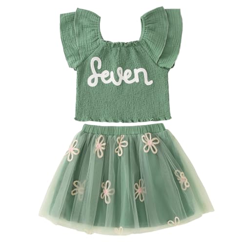 SOFEON Toddler Girl Birthday Outfit Flower Embroidery Ruffle Tank Top Tutu Skirt 2-7T Birthday Party Flower Tulle Skirt Set(Green-7th 7T)