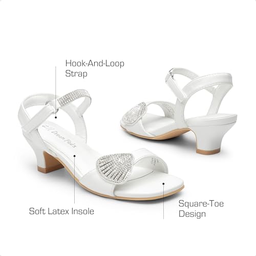 Image of DREAM PAIRS Girls Sandals Ankle Strap Square Toe Low Heel Crystal Shell Wedding Party Flower Dress Shoes for Little Kids /Big Kids