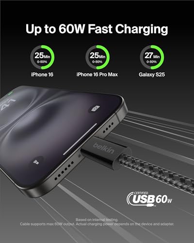 Image of Belkin USB C to USB C 60W Braided Cable 2 Pack, 3.3ft iPhone Charger Cord