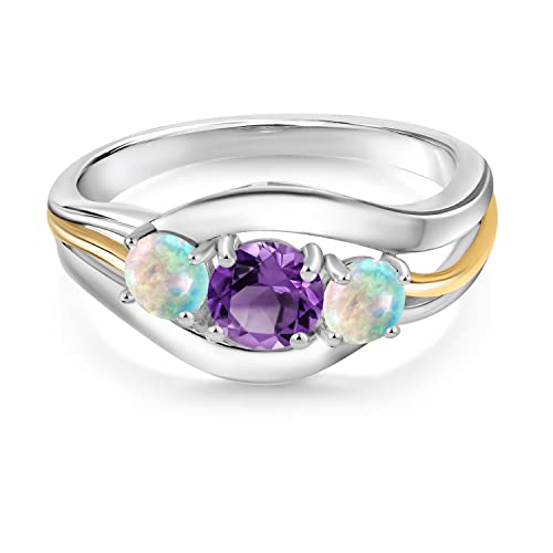 Purple Amethyst and White Opal 3 Stone Ring For Women in Sterling Silver and Yellow Gold
