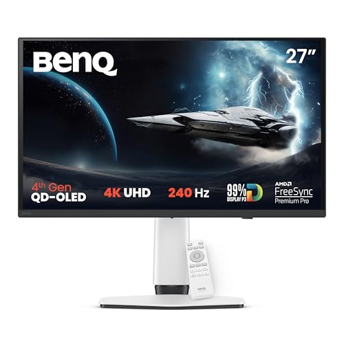 BenQ MOBIUZ EX271UZ 27” 4K UHD 4th Gen QD-OLED 240Hz Gaming Monitor| 0.03ms GtG|HDMI 2.0, DP 1.4|USB-C(90W)|99% DCI-P3|AMD FreeSync Premium Pro|KVM|Game Art Mode|Height,Swivel, Tilt Adjustable(White)