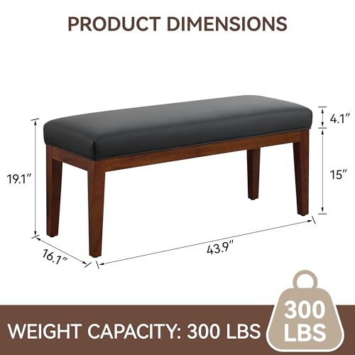 Image of WUTUTUEE 43.5'' Faux Leather Bedroom Bench, Upholstered End of Bed Bench, Padded Vintage Dining Bench, Entryway Bench with Solid Wood Legs, Kitchen, Living Room, Hallway, Black