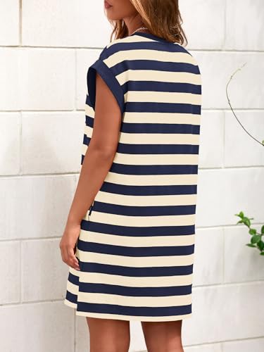 Image of BTFBM Casual Dresses for Women 2026 Summer Striped Tshirt Short Dress Loose Cap Sleeve Beach Vacation Clothes Pockets