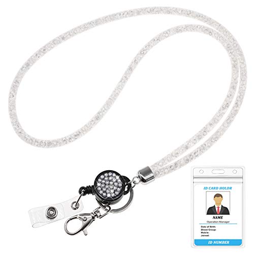 Keys Lanyard for id Badges with Holder, QBeel Bling id Card Holder Lanyard for Women with Retractable Badge Clip Teacher Nurse Work Badge Keychain Lanyard String for Wallet - White