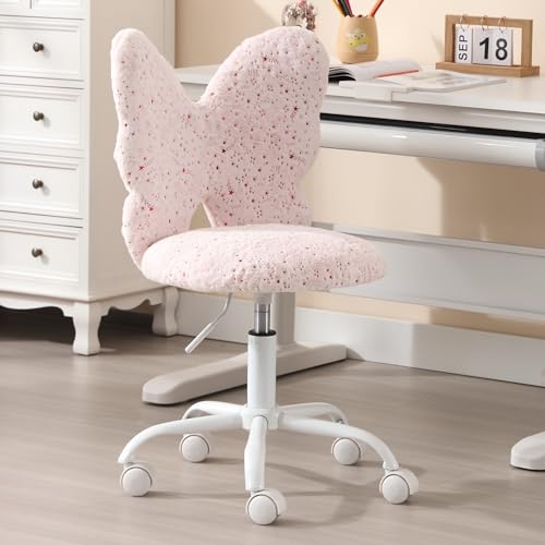 Image of Kmax Kids Desk Chair, Faux Fur Butterfly Chair with Wheels Adjustable Fuzzy Kids Office Chair Cute Swivel Childrens Chair for Bedroom Reading Room - Pink