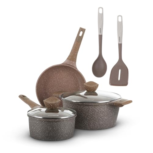 KASANOVA Juego de ollas antiadherente 0 Grasas, batería de cocina apta para inducción y todo tipo de fuegos, ollas y sartenes antiadherentes de 4 capas con diseño moderno (7 piezas)