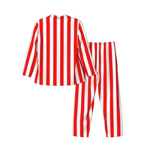 Red And White Stripes Mens Pajamas Set Button Down Sleepwear Set Long Sleeve Loungewear With Pockets4