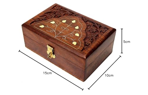 Image of HusNain Handmade Wooden Jewellery Box for Women - Jewel Organizer Hand Carved with Intricate Carvings Gift Items Vanity box Organiser For Women, Storage, Gold, Cash, Money (MEDIUM (7 x 5 inches))