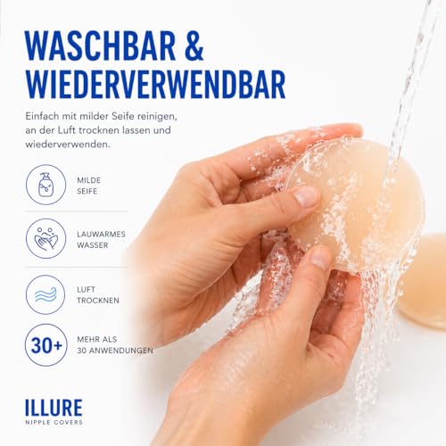 ILLURE® Nippelpads – Damen Nipple Cover [2 Paar] mit Brustwarzenschutz - Nipple Pads wiederverwendbar & waschbar - dünne Selbstklebende Brustwarzen Nippelabdeckung aus hypoallergenem Silikon [8 cm]
