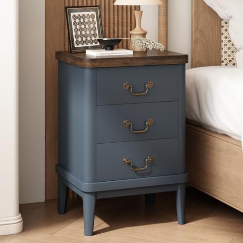 Wnutrees Farmhouse Nightstand with 3 Drawers，Modern Bedside Table with Round