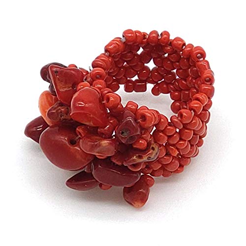  Generico Anello artigianale donna con chips corallo bambù e perline elastico, fatto a mano, pietre dure naturali