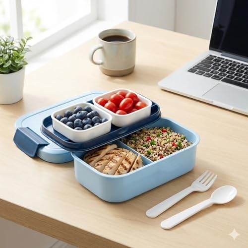 Image of YELONA Lunch Box for Office & Kids 1900ML | Double Layer Leakproof Bento Box with 5 Compartments | Microwave Safe, Built-in Spoon & Fork, BPA Free Tiffin Box - Blue