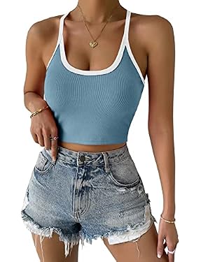 AMAZON - Micticsi Women’s Sexy Sleeveless Ribbed Knit Shirt Back Cross Solid Cami Crop Tops Blue XS