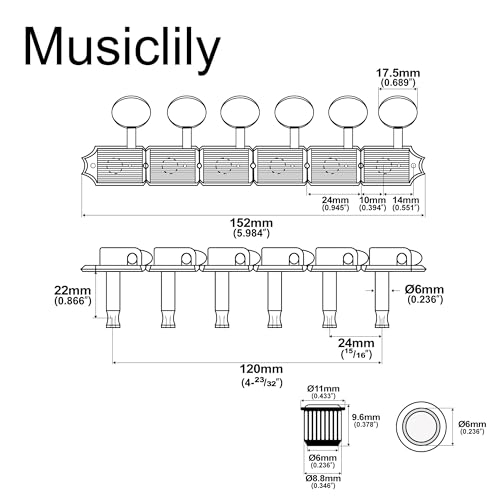 Image of Musiclily Pro R15J-26 Lefty Vintage 6 inline 15:1 Semi Closed Tuners Gold | Split Shaft, Machine Heads Tuning Pegs Keys with Oval Button, for Fender Squier Strat Tele Style Guitar, Ratio