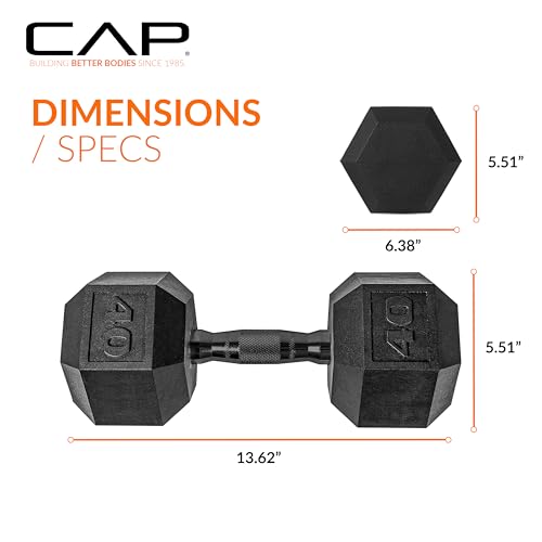 Image of CAP Rubber Coated Dumbbell Weights, Free Weights for Home Gym Strength Training, Anti-Roll Hex Dumbbells with Black, Chrome & Comfort Grip Handles, Singles