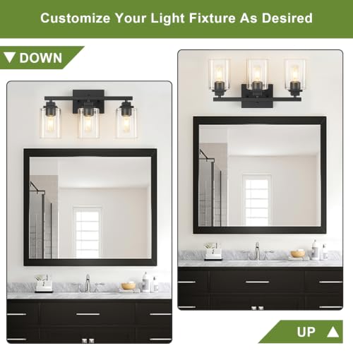 Image of Matte Black Bathroom Light Fixtures, 3-Light Vanity Lights over mirror