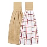 Ritz Premium 100% Cotton Solid and Multi Check Kitchen Tie Towel, Absorbent, Super Soft, and Fast Drying Hang Towel, Set of Two, Biscotti