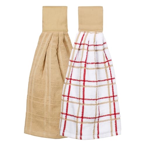 Image of Ritz Premium 100% Cotton Solid and Multi Check Kitchen Tie Towel, Absorbent, Super Soft, and Fast Drying Hang Towel, Set of Two, Biscotti