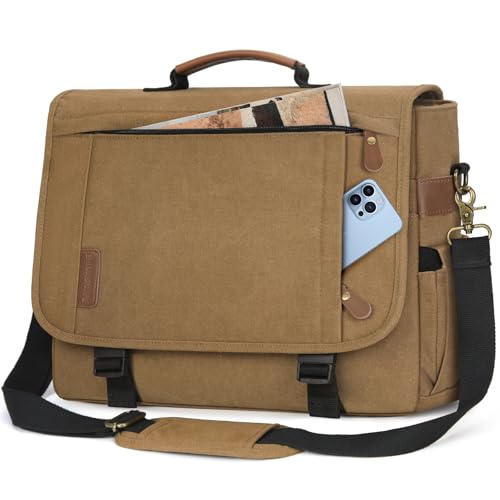 RAINSMORE Messenger Bag for Men 17-17.3 Inch Laptop Bag Water-resistant Canvas Computer Shoulder Bag Office Work Briefcase Large Casual Satchel Bags for Men Bookbag for College, Khaki