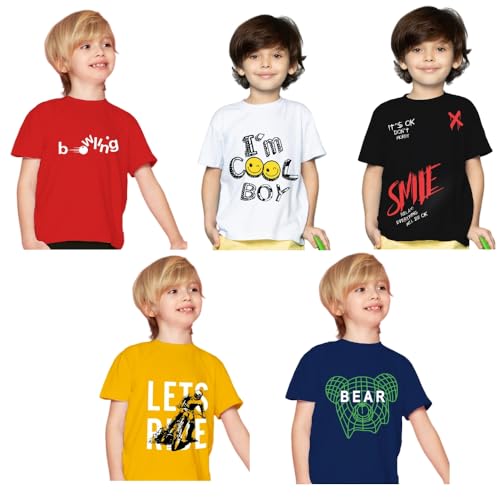 Image of Yazh Texworld Boys Round Neck Blended Cotton T-Shirts | Regular Fit | Half Sleeve | Casual Wear | Trendy | Combo Pack of 5 | Multicolor | Soft, Durable, and Stylish for Everyday use