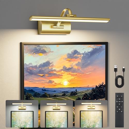 AIFEI Picture Lights for Wall Battery Operated, 15.7inch Wireless Rechargeable Lights for Pictures on Wall with Remote and Timer, 5200mAh Dimmable Art Lighting for Paintings Poster Gallery, Brass