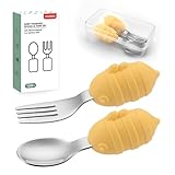 YIVEKO Baby Fork and Spoon Set with Carry Case Baby Training Utensils Self Feeding Toddler Silverware Silicone and Stainless Steel Kids and Toddler Utensil Set-Bees