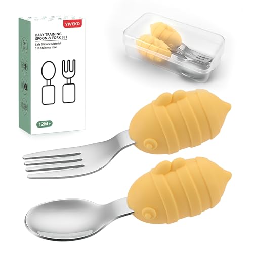 Image of YIVEKO Baby Fork and Spoon Set with Carry Case Baby Training Utensils Self Feeding Toddler Silverware Silicone and Stainless Steel Kids and Toddler Utensil Set-Bees