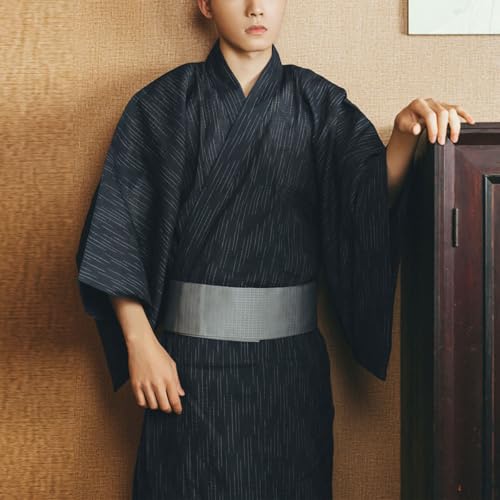 Men's Japanese Kimono with Obi Belt Traditional Pattern Yukata Robe Summer Kimono2