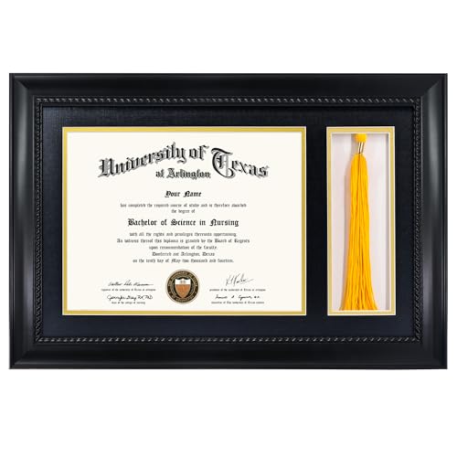 GMFrames Solid Wood Diploma Frame with Tassel Holder for 8.5x11 Certificate Black Finish with Intricate Black Rope Detail UV Protection Acrylic