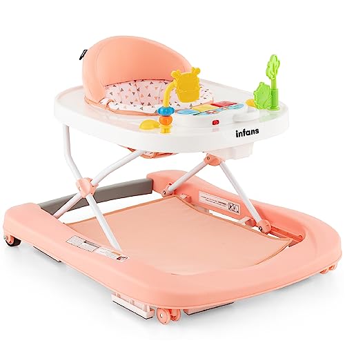Image of INFANS Foldable Baby Walker, 3 in 1 Toddler Walker Bouncer, Learning-Seated, Walk-Behind, Music, Adjustable Height, High Back Padded Seat, Detachable Trampoline Mat, Activity Walker with Toys (Pink)