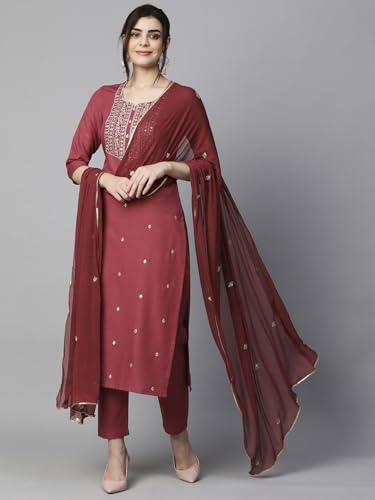Image of GoSriKi Women's Cotton Blend Embroidered Kurta Set with Pant & Dupatta - Straight Calf‑Length, 3 /4 Sleeve, Round Neck - Elegant Ethnic Attire (5 Colors, S-5XL)